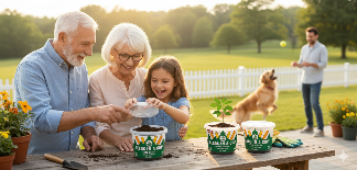 Family gardening together with 'Start a Garden in a Cup' products on a wooden table outdoors.
